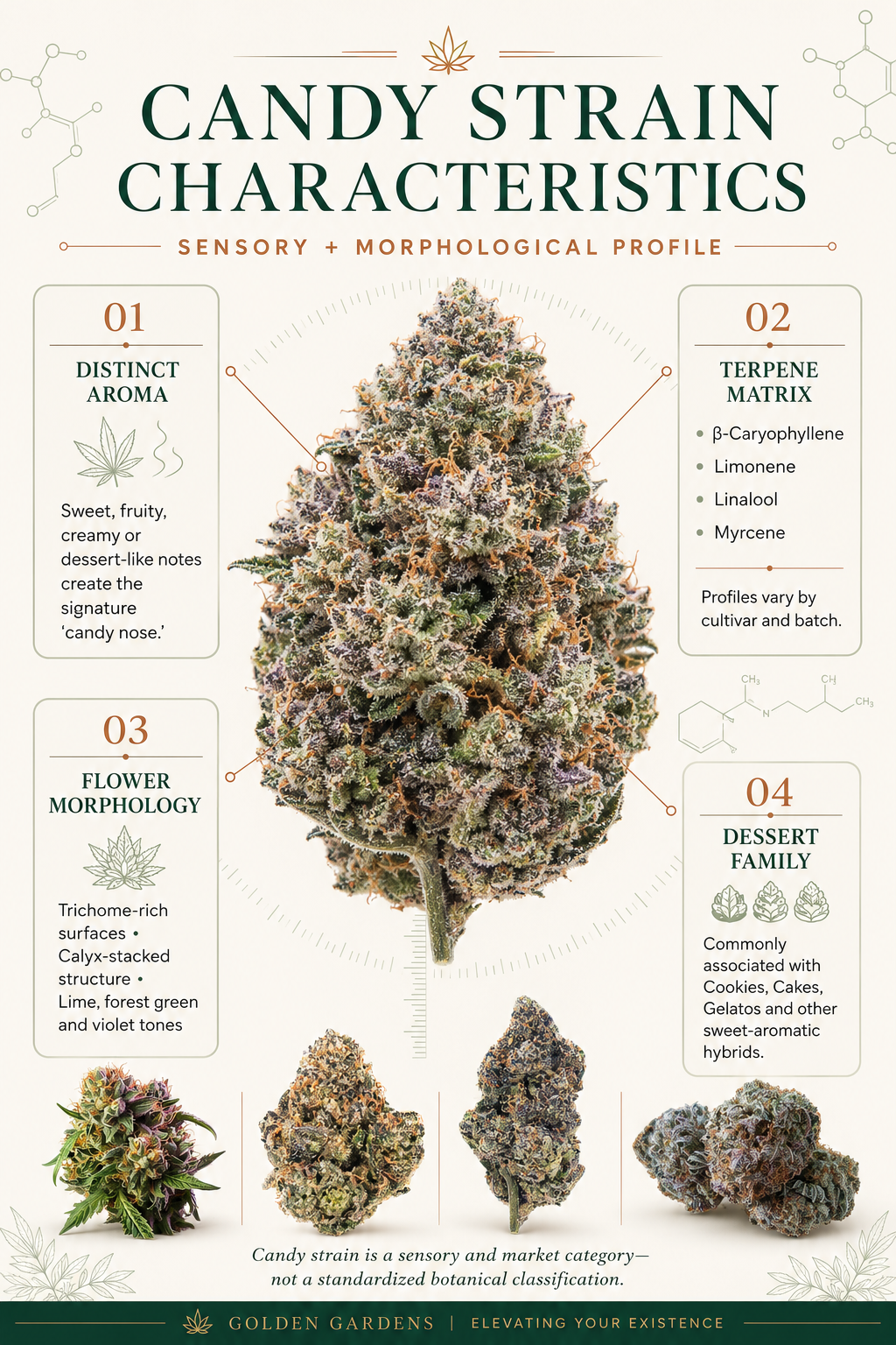 candy strains showing dense, trichome-rich buds with the colorful purple and orange hues typical of sweet-flavored genetics.
