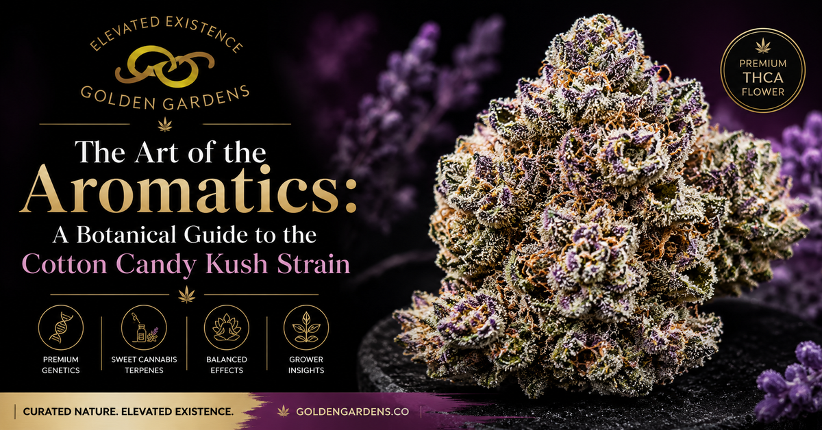 cotton candy strain highlighting its sweet sugary terpene profile, fruity aromas, and balanced hybrid effects