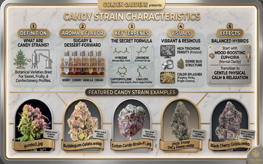 An informational infographic titled 'Candy Strain Characteristics' from Golden Gardens, featuring text panels on definition, aroma/flavor, key terpenes, visuals, and effects, plus a row of labeled cannabis flower examples at the bottom.
