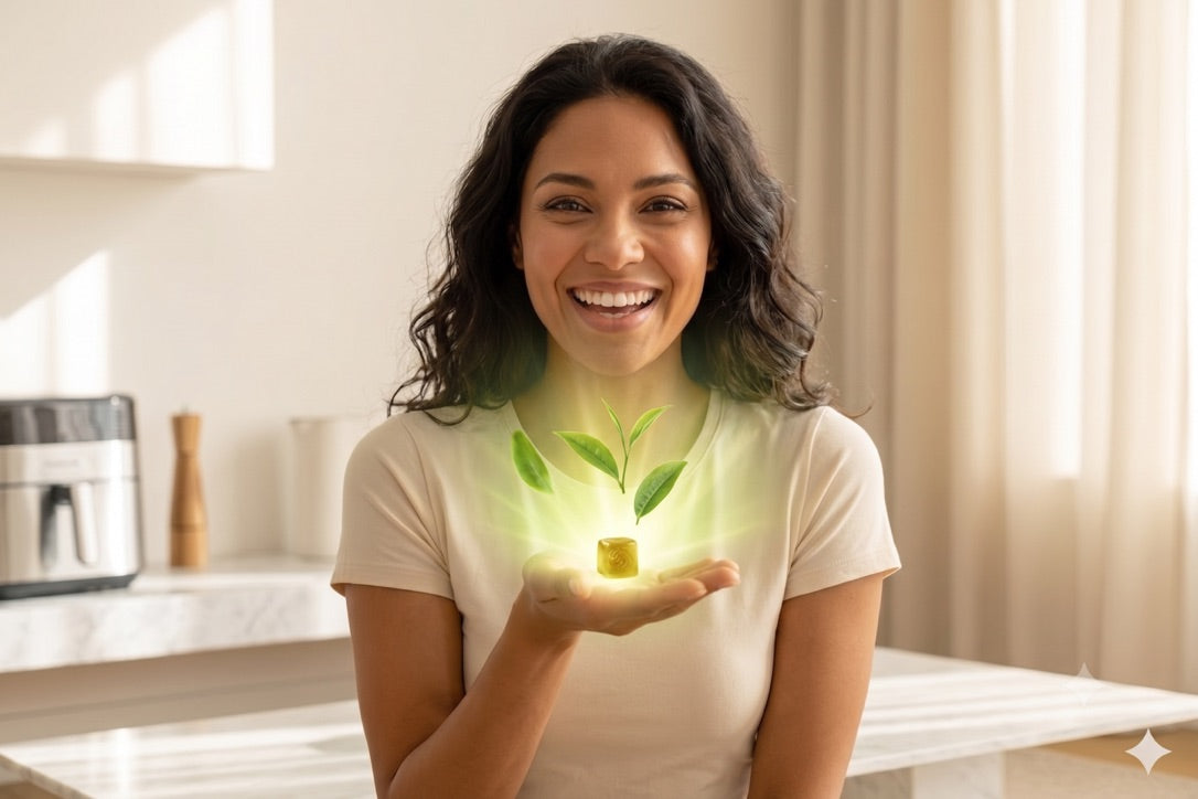 A smiling woman with dark hair stands in a bright kitchen, holding up a glowing green CannaBliss sprout and small yellow block with a soft light effect around it.