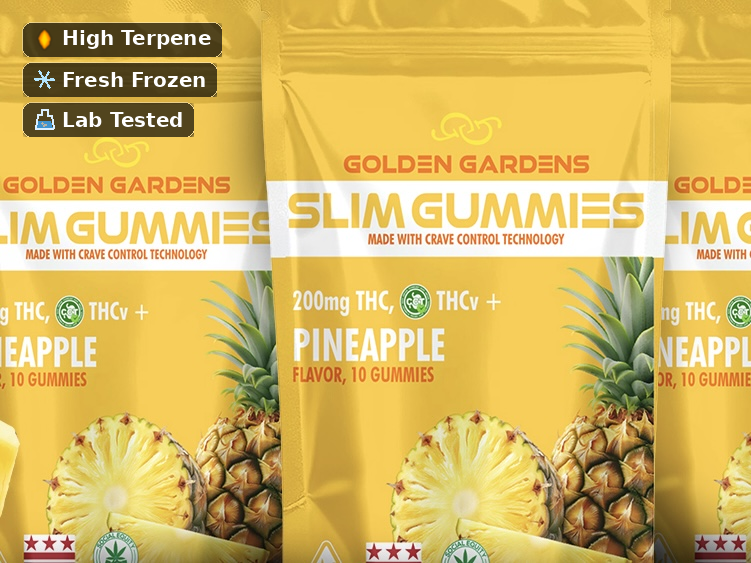 Packaging of Golden Gardens Slim Gummies with pineapple flavor on a yellow background