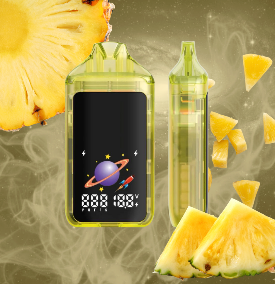 Vape device with 2g Pineapple Express Vaporizer and Pineapple slices on a dark background