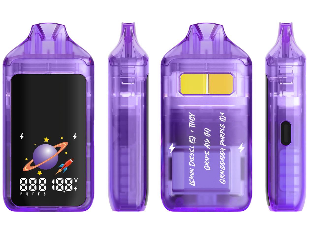 2g two chamber Vaporizer Lemon Diesel (Sativa) + Granddaddy Purple (Indica) = Grape Aid (Hybrid). Purple electronic device with digital display on a white background
