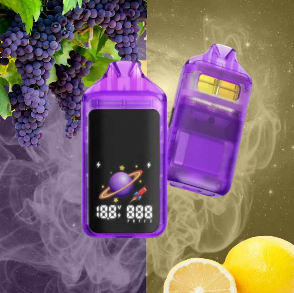2g two chamber Vaporizer Lemon Diesel (Sativa) + Granddaddy Purple (Indica) = Grape Aid (Hybrid) vape device with digital display surrounded by grapes and lemons on a gradient background