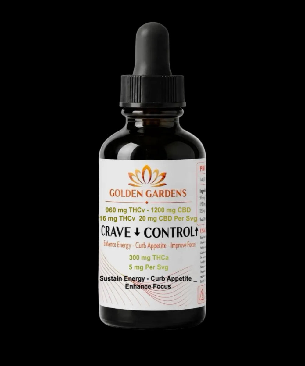 Bottle of Golden Gardens Crave + Control 5 mg thc supplement on a clear background