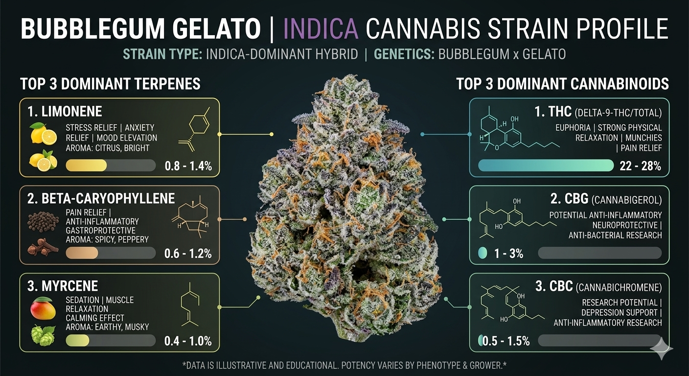 Cannabis strain profile for Bubblegum Gelato Indica with visual and text elements.
