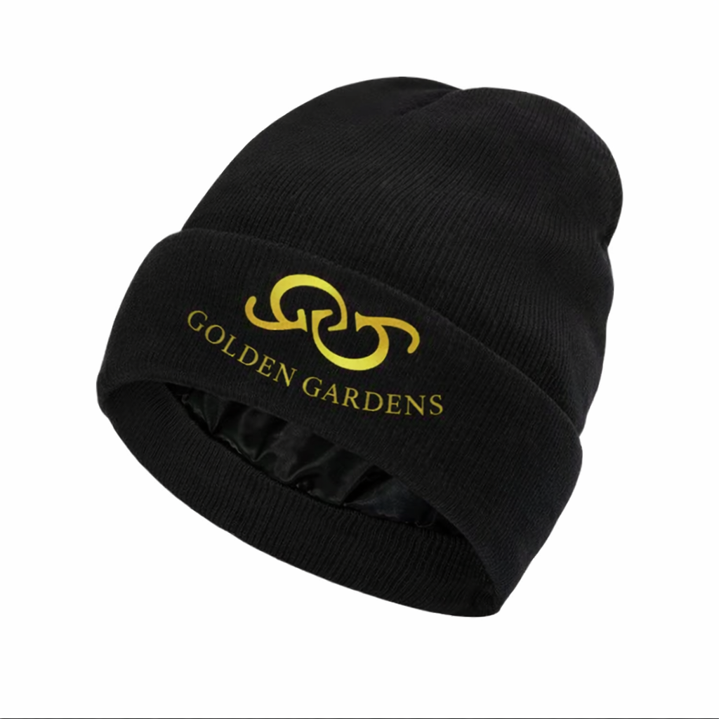 Black beanie with 'Golden Gardens' logo on a white background