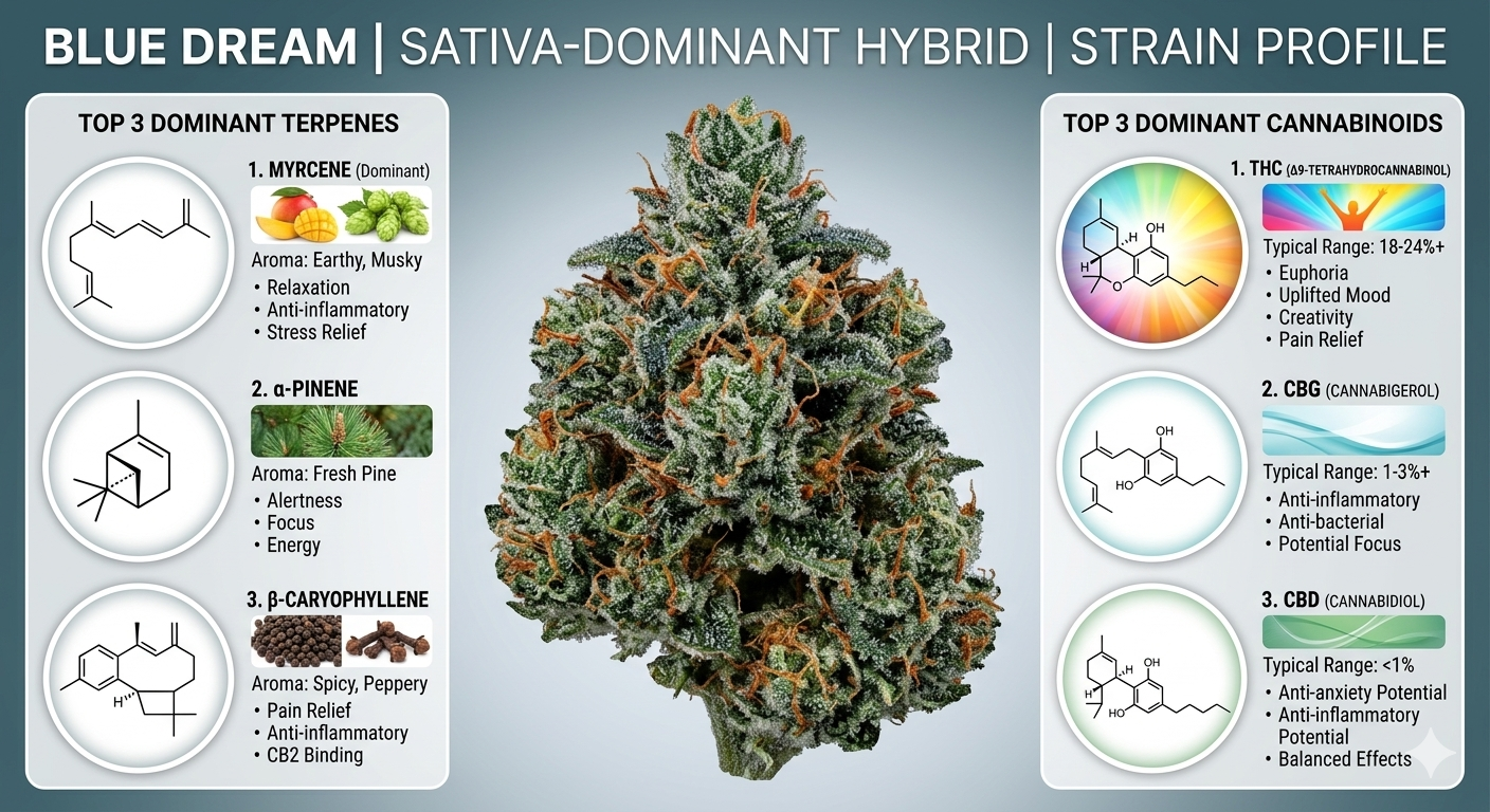 Blue Dream cannabis strain profile with terpenes and cannabinoids on a light gray background