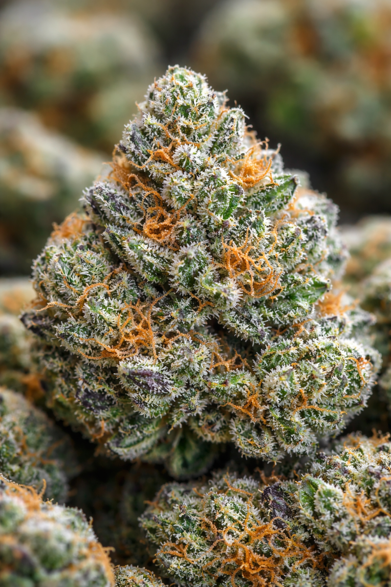 Blue Dream THCa cannabis bud with orange hairs, developed trichomes on a clear background