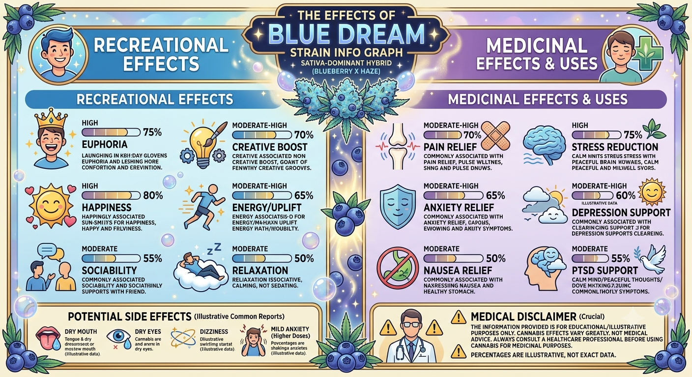 An infographic poster titled 'The Effects of Blue Dream' detailing the strain's recreational and medicinal effects, featuring colorful cartoon illustrations and text blocks on a blue and purple background.