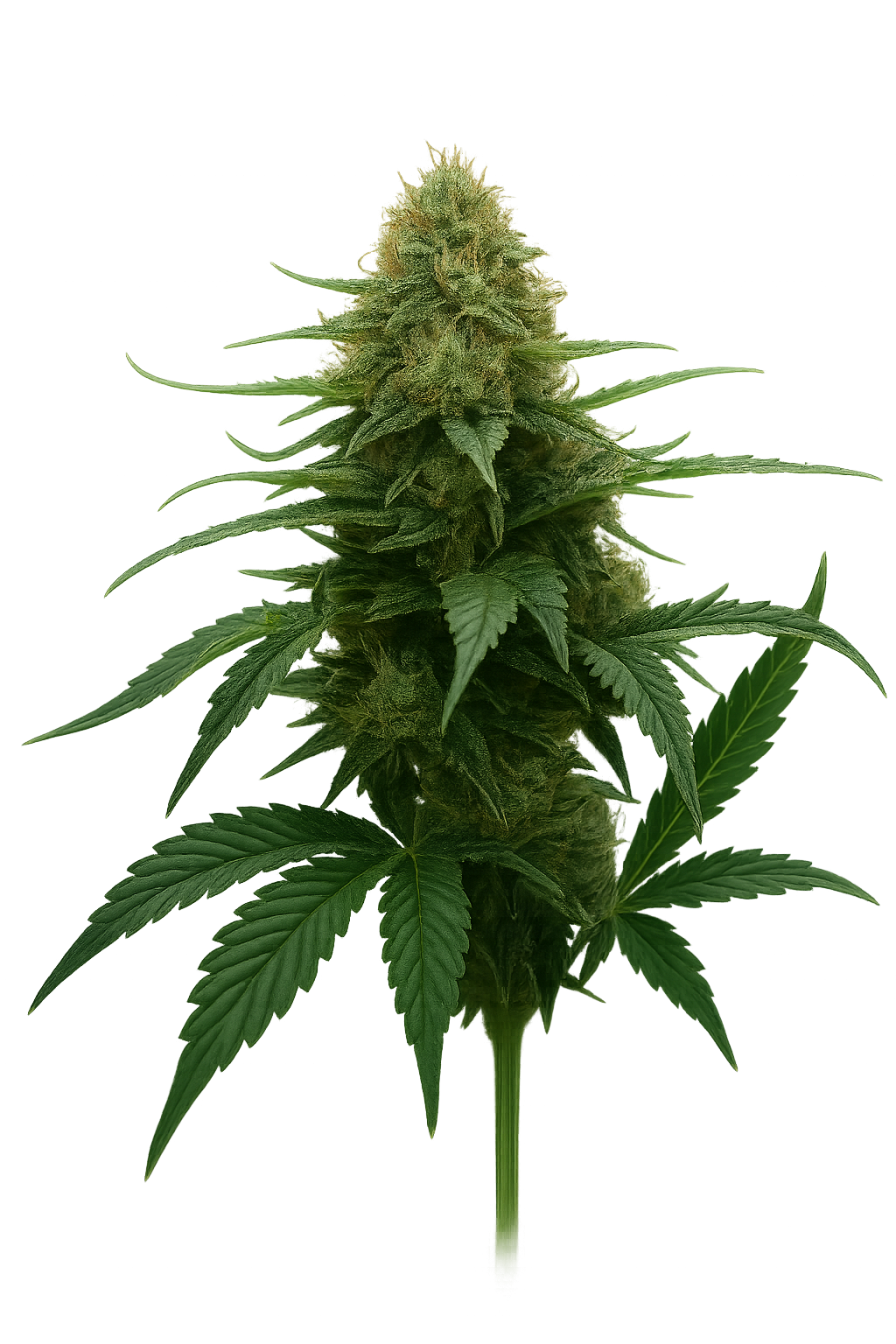 A single Cake Pop Indica cannabis plant with a large green bud and multiple serrated leaves, isolated on a plain white background.