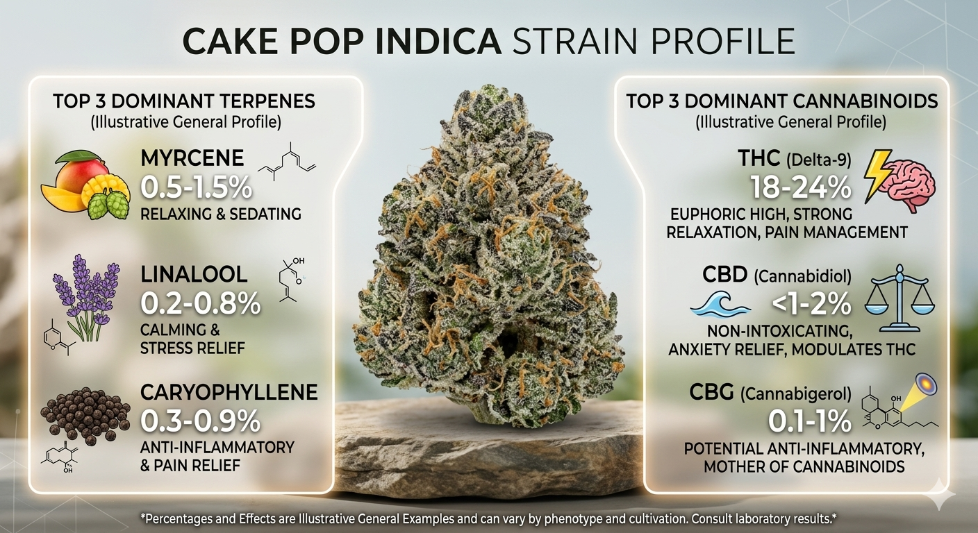 Cake Pop Indica strain profile with cannabis bud and terpene/cannabinoid information.