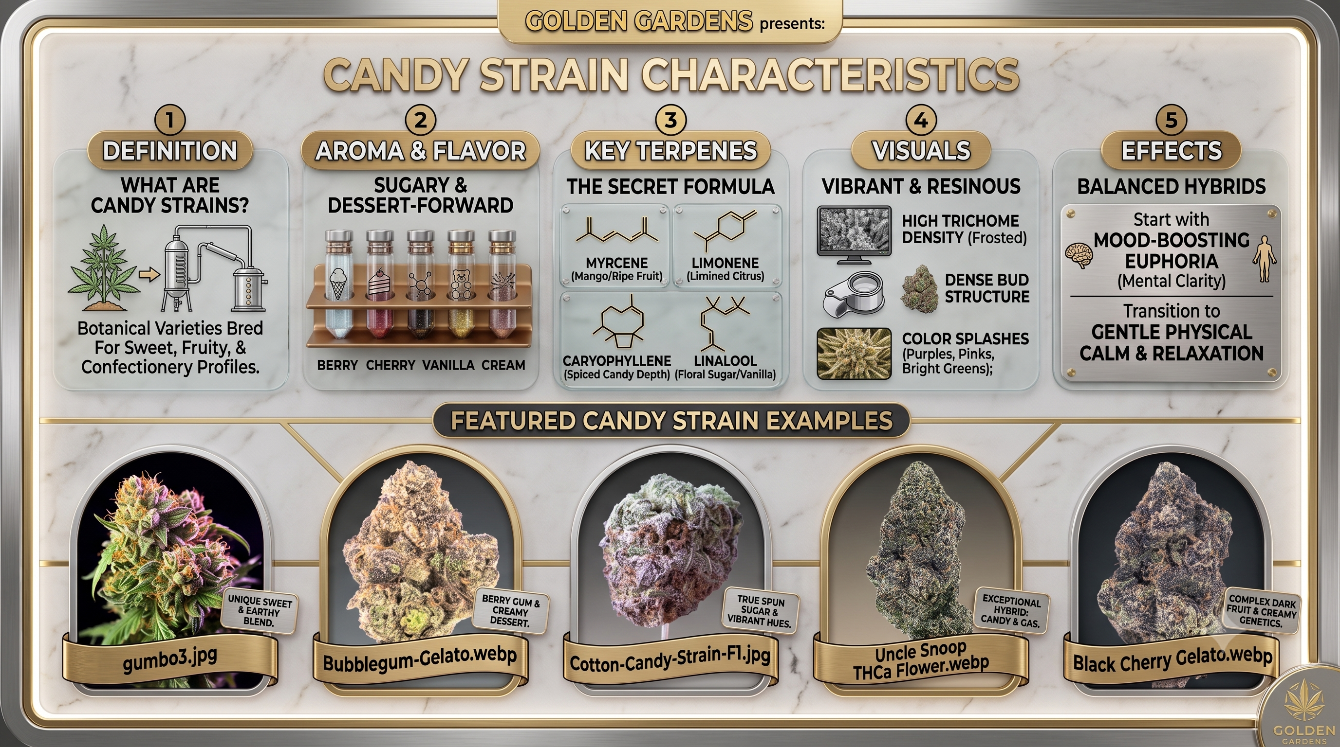 An informational infographic titled 'Candy Strain Characteristics' from Golden Gardens, featuring text panels on definition, aroma/flavor, key terpenes, visuals, and effects, plus a row of labeled cannabis flower examples at the bottom.