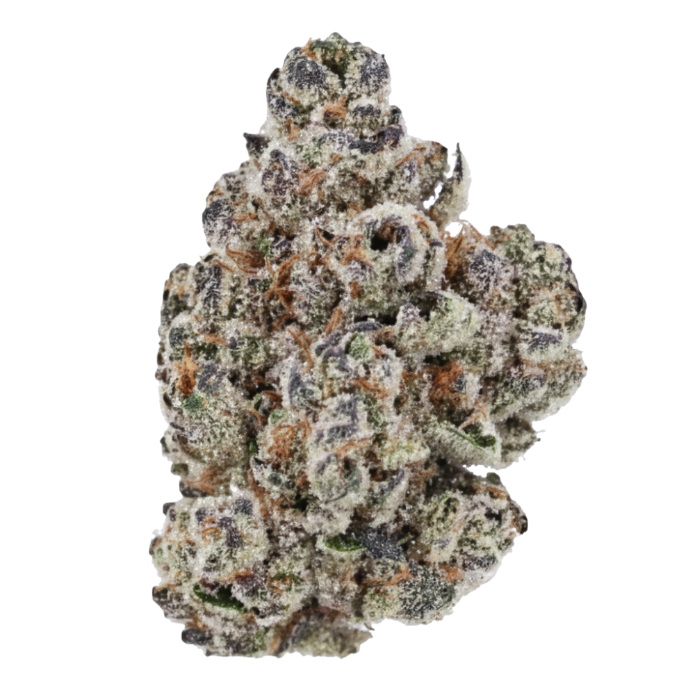 Close-up of a cannabis bud with green, orange, and gray colors on a white background