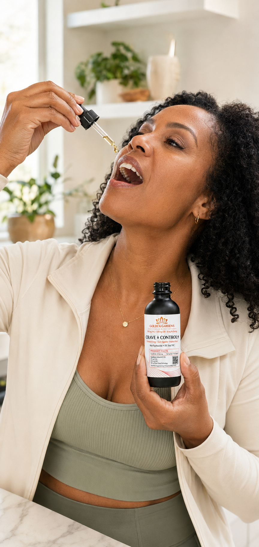 Woman taking her daily tincture to start the day off, right