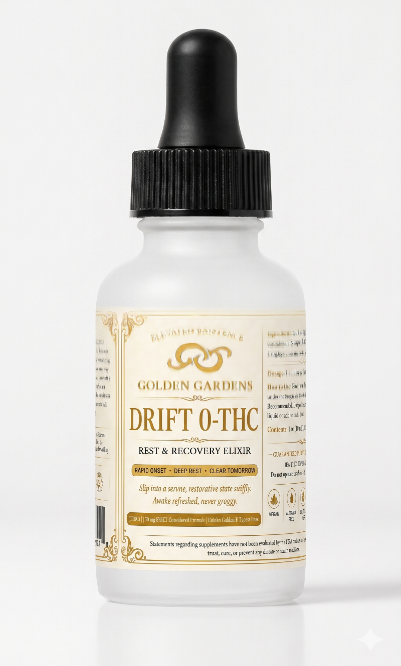 Bottle of Golden Gardens Drift O'THC Rest & Recovery Elixir on a white background