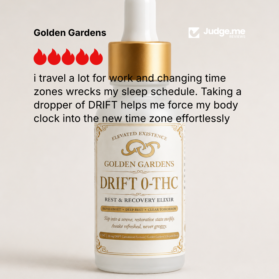 A bottle of Golden Gardens Drift 0-Thc Rest & Recovery Elixir with a white body, gold cap, and white dropper top, shown on a light gray background with promotional text and red dropper icons. The Judge.