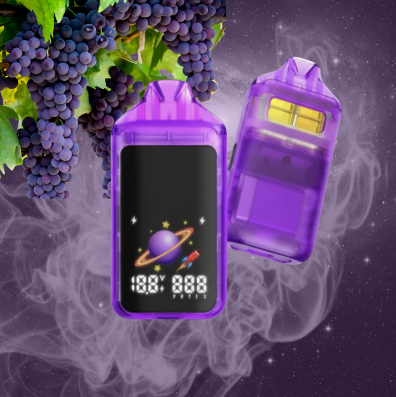 Durban Poison Vaporizer 2g Vaporizer Purple vaping device with digital display on a dark background with grapes and smoke.