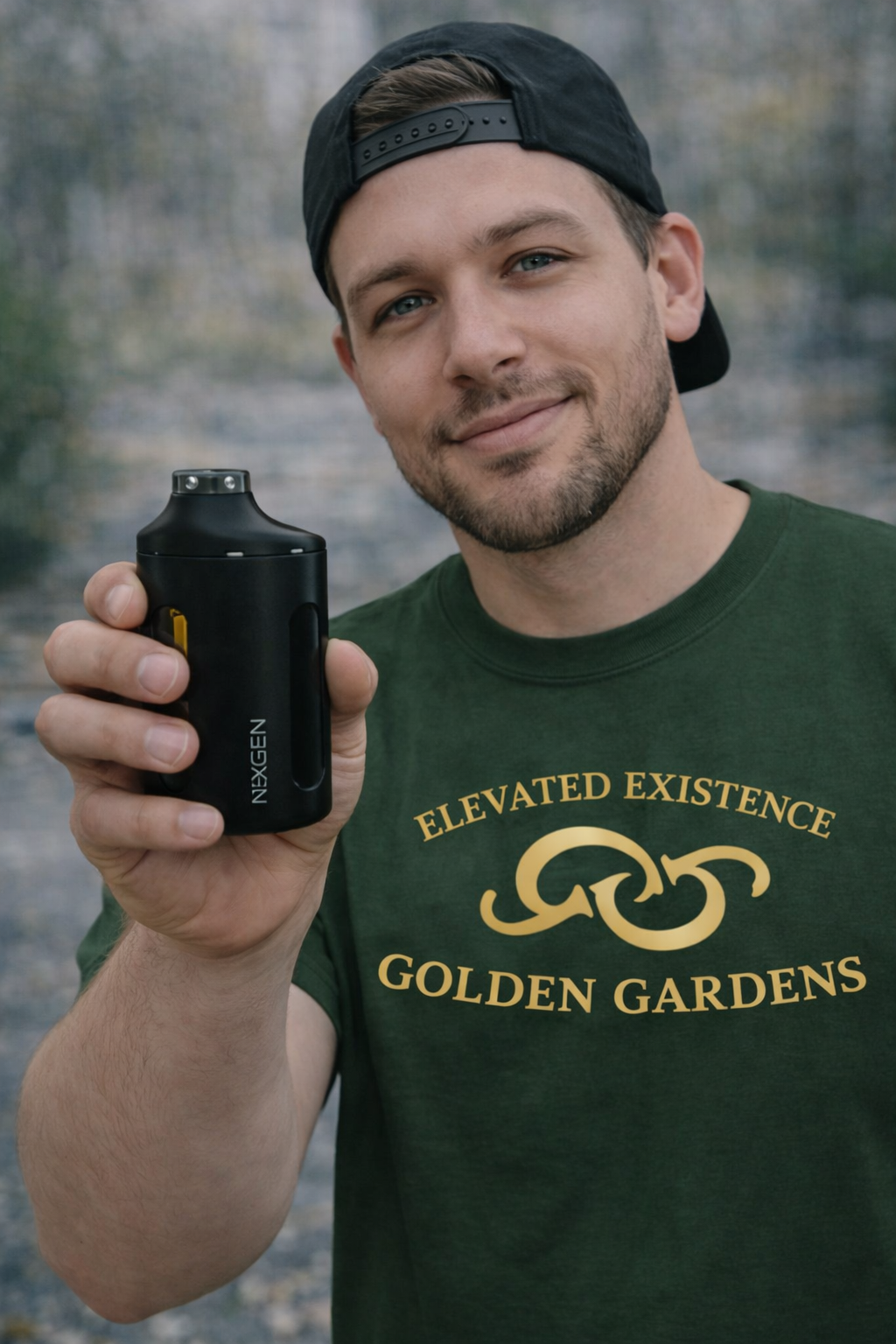 Man holding a black device with 'Nugen' branding, wearing a green 'Elevated Existence Golden Gardens' t-shirt.