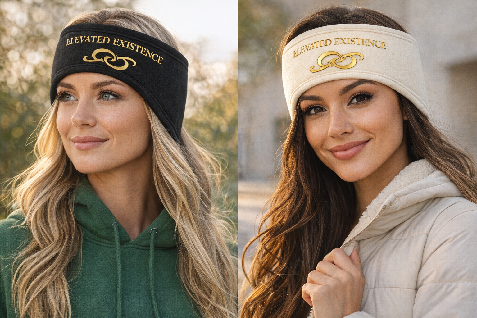 Two women wearing 'Elevated Existence' headbands, one black and one white, with gold text.
