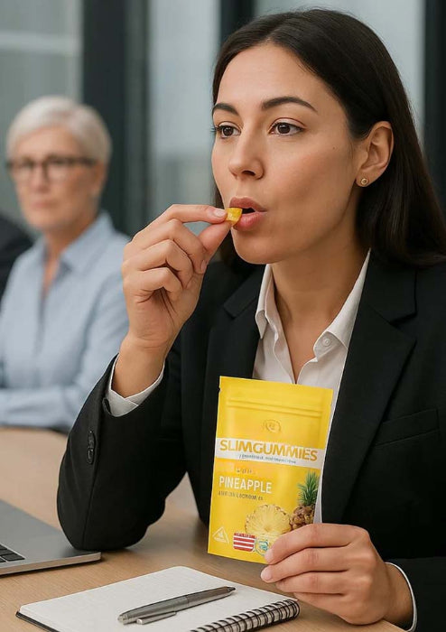 Woman loving Pineapple Slim Gummies with a yellow package in an office setting
