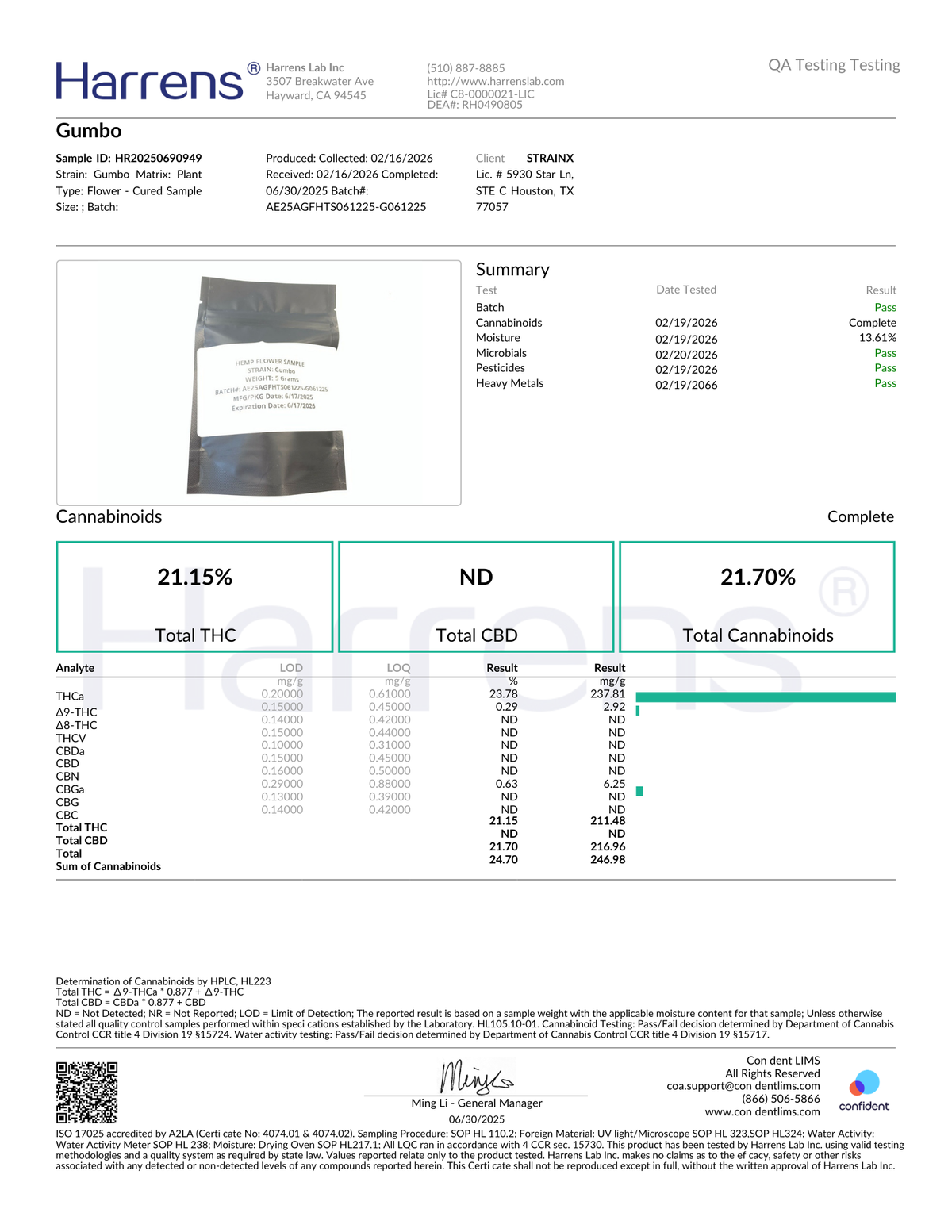Harrens cannabis testing report for a product labeled 'Gumbo'.