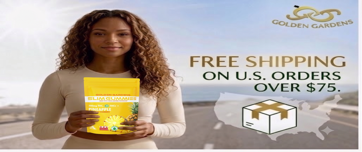 A woman holding a yellow bag of Golden Gardens Sun Gummies stands against a blurred outdoor background with promotional text reading 'FREE SHIPPING ON U.S.