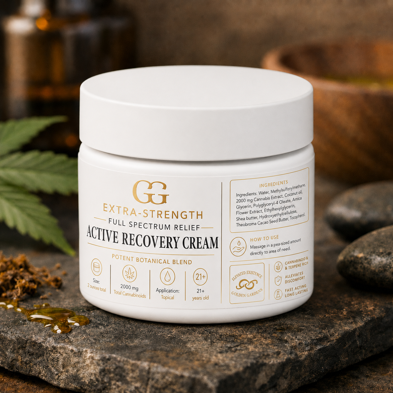 White jar of GG Extra-Strength Active Recovery Cream on a stone surface with natural elements.