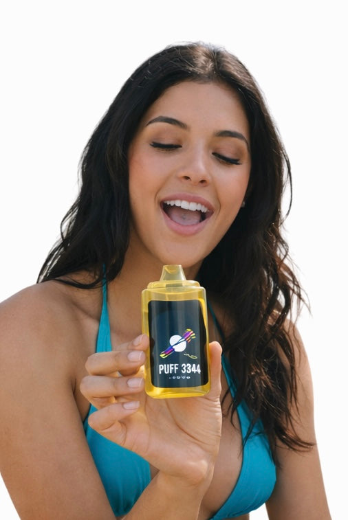 Woman holding a Pineapple Express vape device with a visible Golden Gardens logo on a white background
