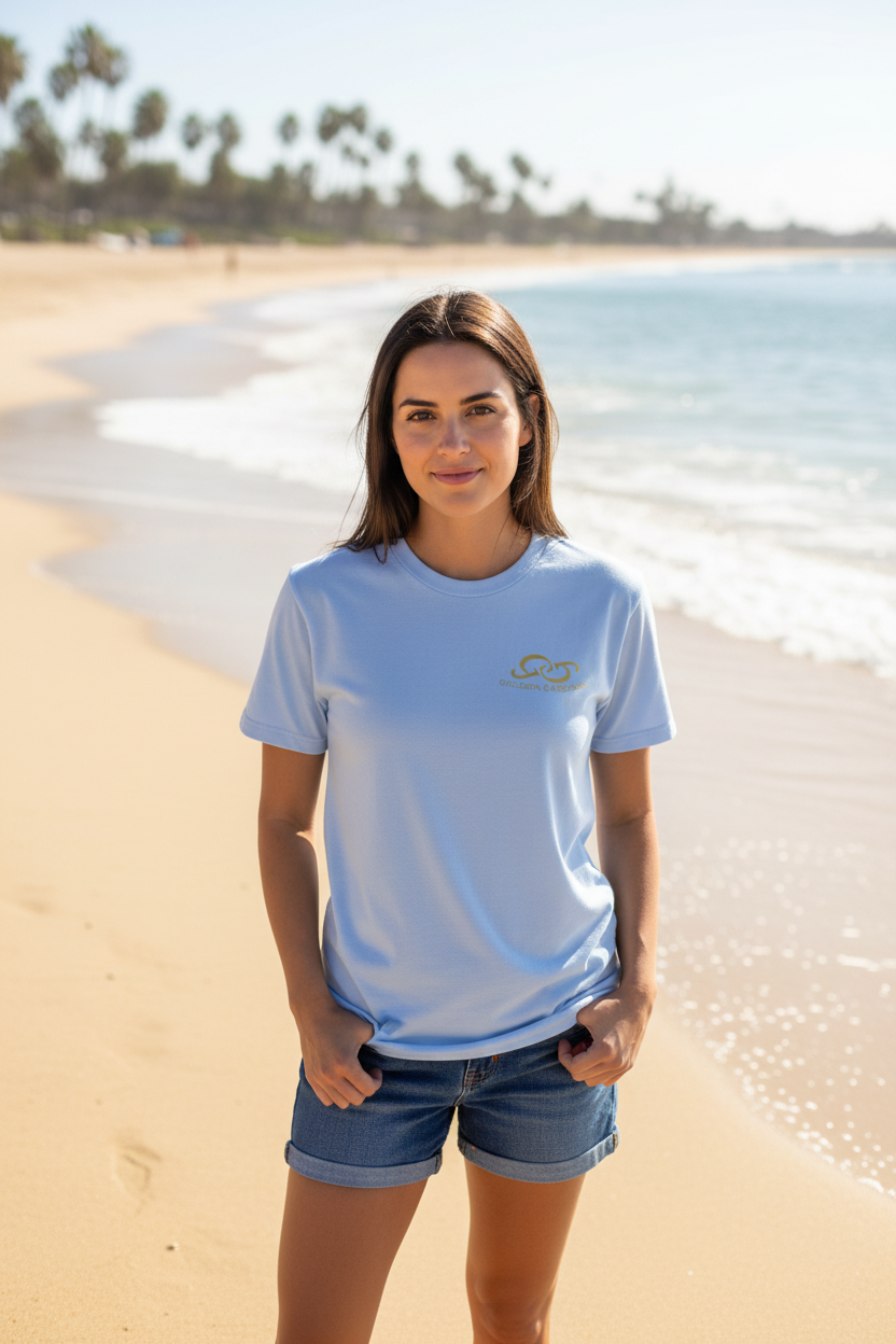 Light blue Golden Gardens t-shirt with gold logo