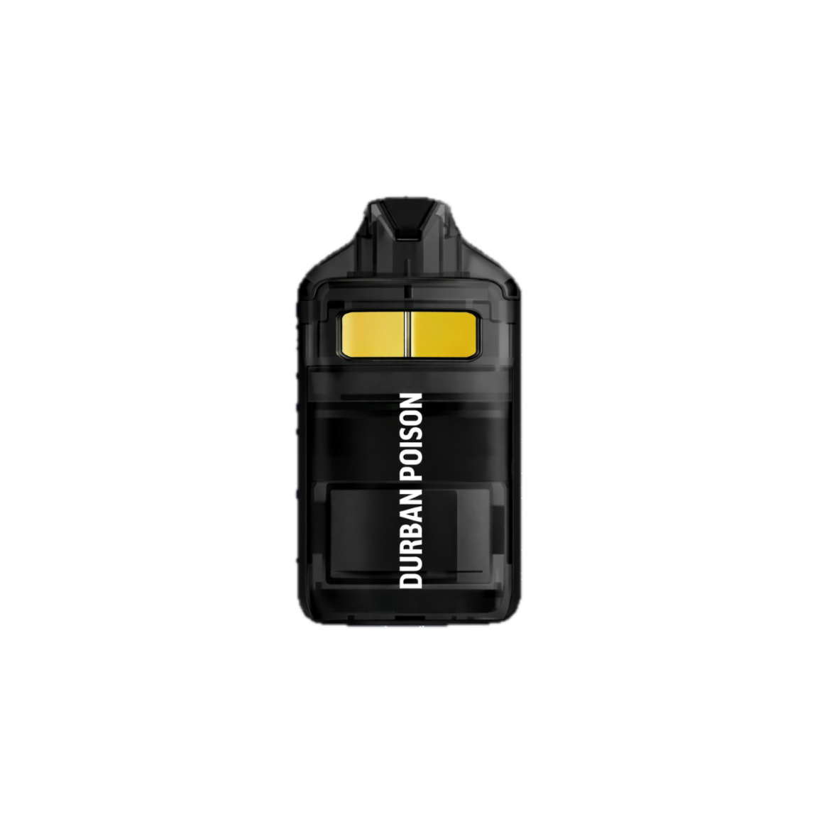 Black and yellow vape device with 'Durban Poison' branding on a white background