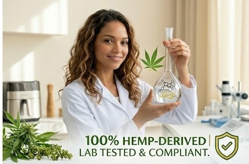 A woman in a white lab coat holds a glass flask in a bright laboratory setting. Hemp leaves are shown around her, with text at the bottom reading '100% HEMP-DERIVED | LAB TESTED & COMPLIANT.