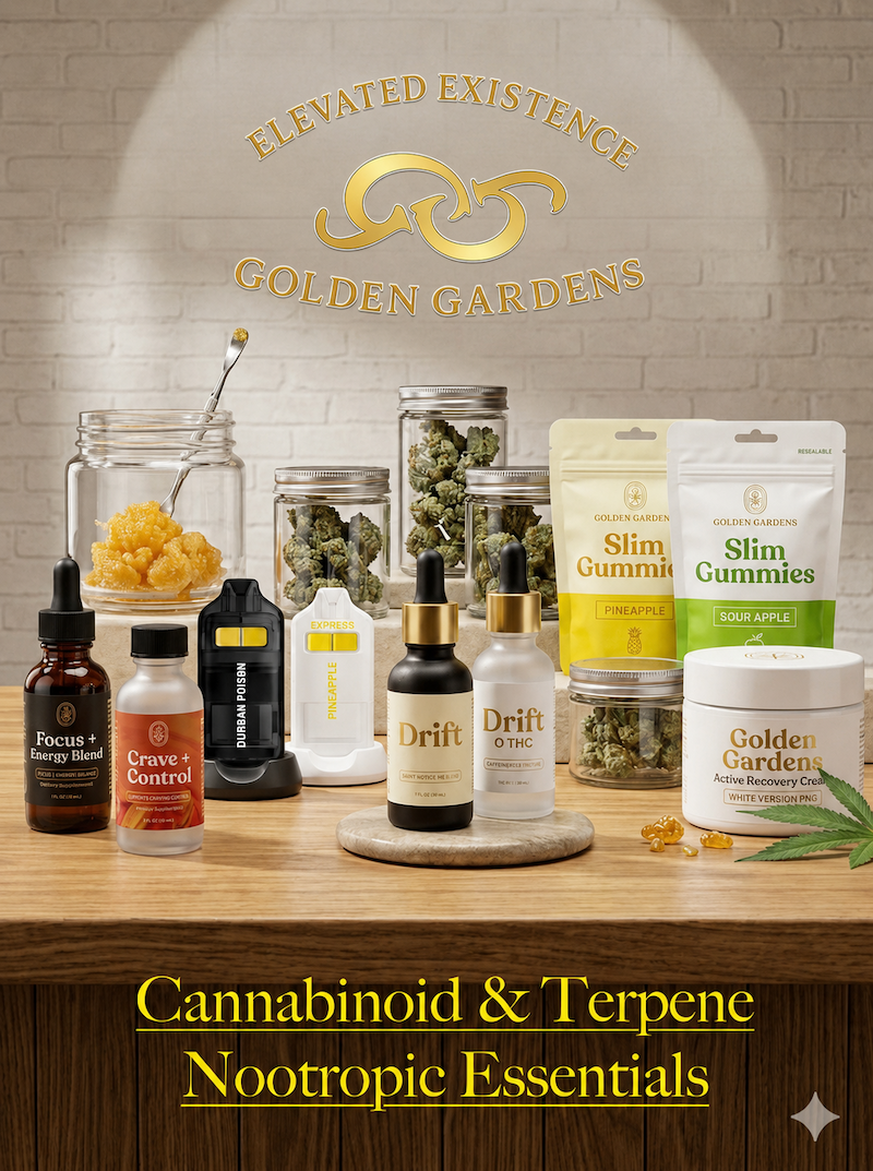 Golden_Gardens_Products_Cannabinoid_terpenes_gummies_vapes_flower_tinctures_topicals wooden table with 'Elevated Existence Golden Gardens' branding.