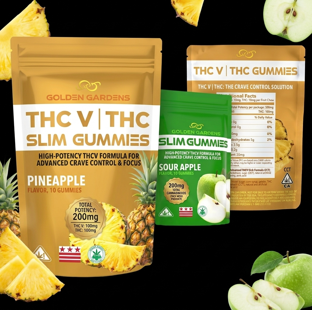 Two Golden Gardens THC V Slim Gummies pouches on a black background, one Pineapple flavor and one Sour Apple flavor, with fruit slices and whole apples arranged around them.