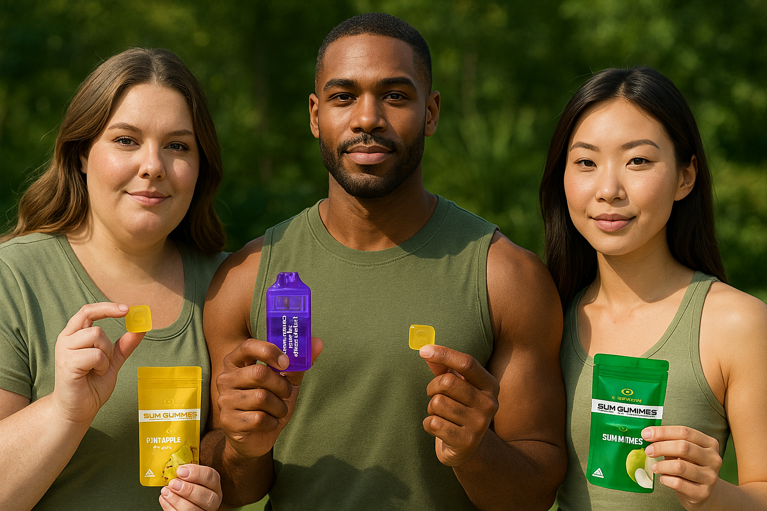 Three people holding Golden Gardens  gummy's and vaporizer packages against a natural background