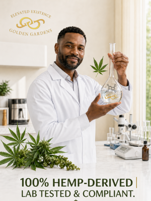 A man in a white Golden Gardens lab coat holds a crave control tincture in a bright laboratory. '100% HEMP-DERIVED | LAB TESTED & COMPLIANT.