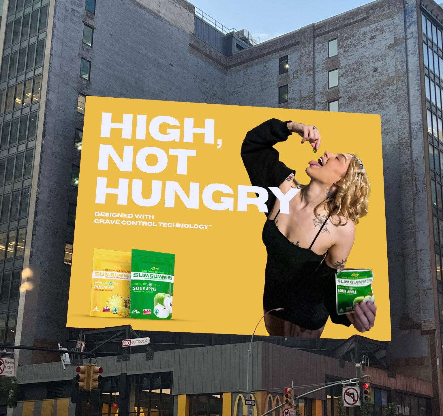 Billboard advertisement with a woman eating a snack, text 'High, Not Hungry' on a city street. High not Hungry with Crave Control Technology