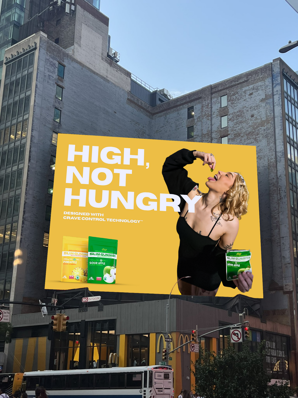 High not Hungry with Crave Control Technology. Billboard with a woman and text 'High, Not Hungry' on a city street.