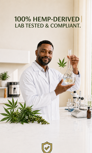 A smiling man in a white lab coat holds a glass flask with liquid in a bright laboratory. Hemp leaves and a small plant are placed in the foreground, with text reading '100% HEMP-DERIVED | LAB TESTED & COMPLIANT.