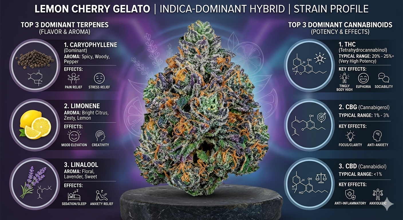 Lemon Cherry Gelato cannabis strain profile with visual and text elements on a dark background