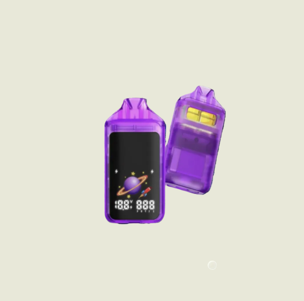 Two purple translucent vape devices shown on a light beige background, one displaying a black screen with a planet graphic and digital time, and the other showing the interior with yellow heating elements.