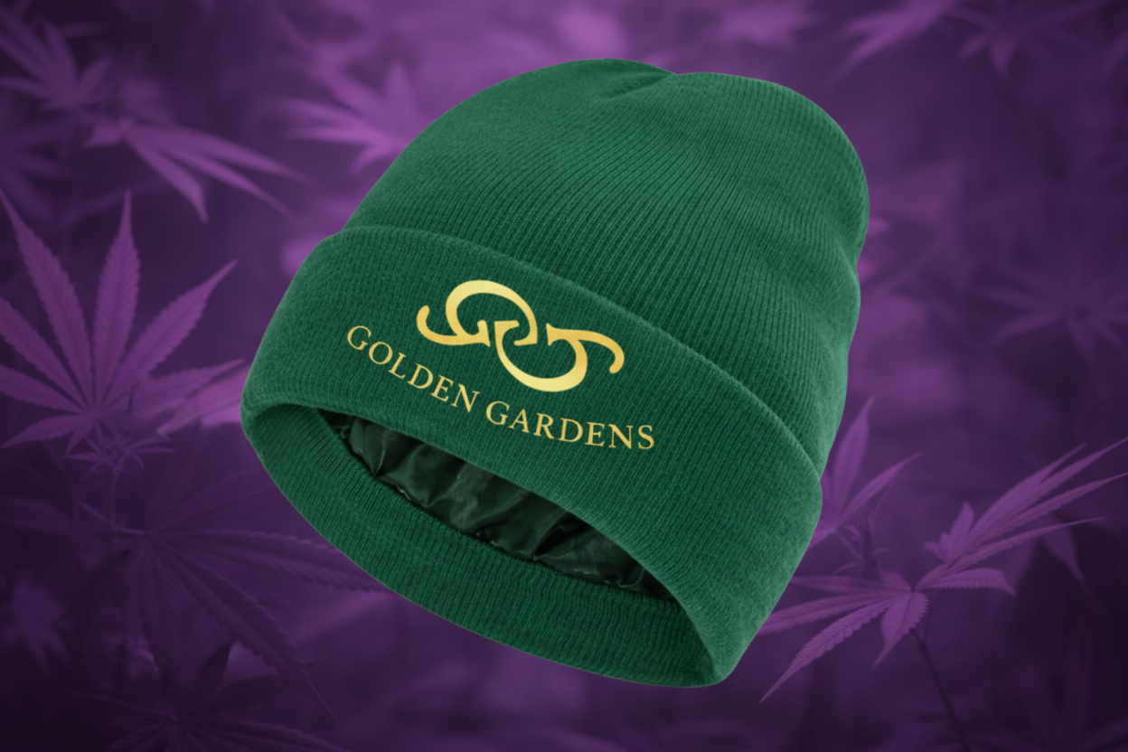 Green beanie with 'Golden Gardens' logo on a white background