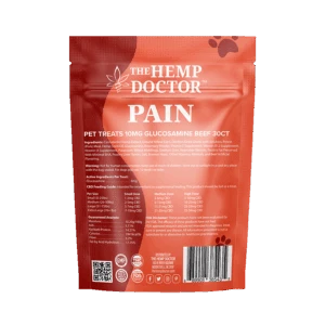 Red package of 'The Hemp Doctor' pet product for pain relief