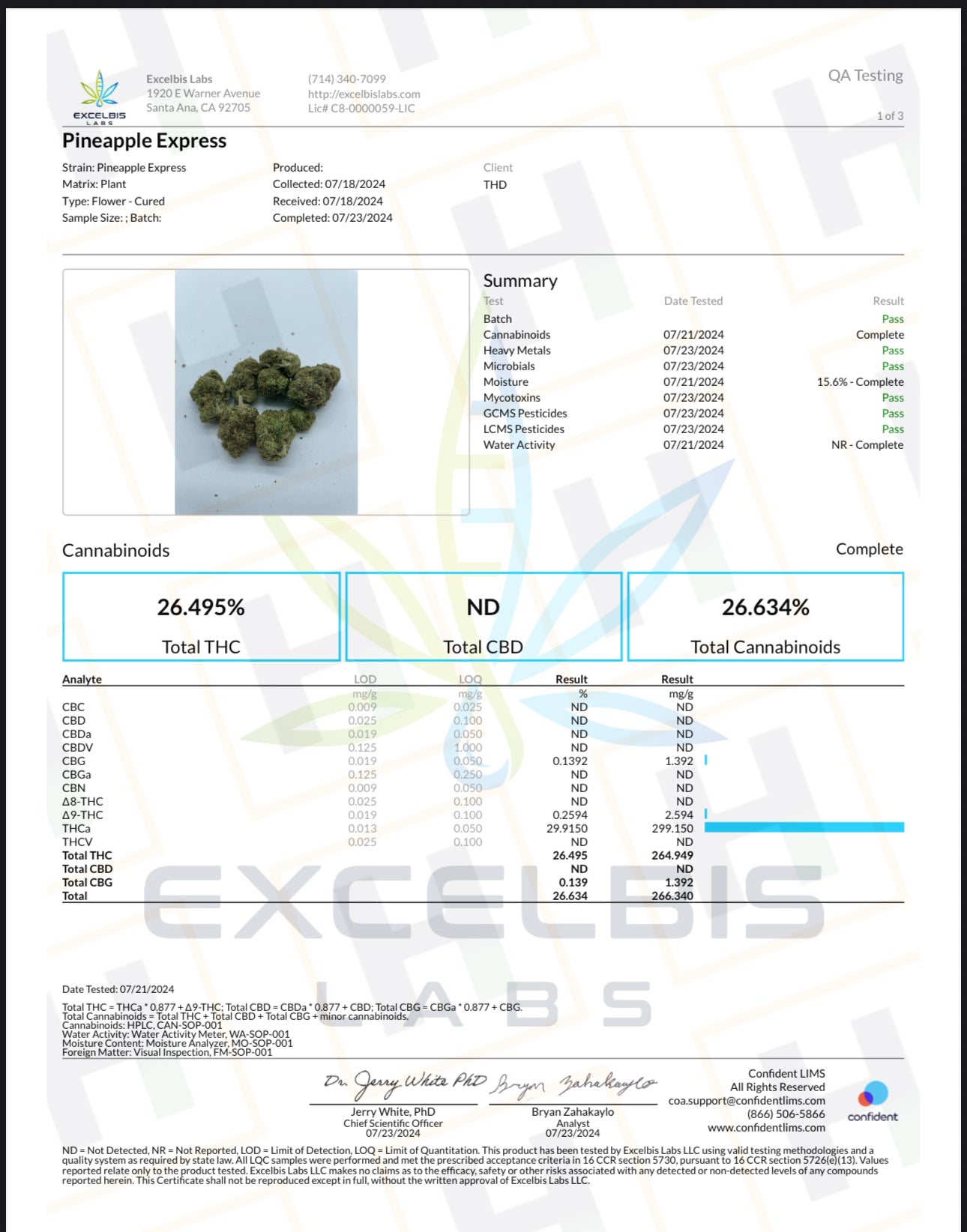 Lab test result for Pineapple Express cannabis product with visible cannabis buds on a white background.