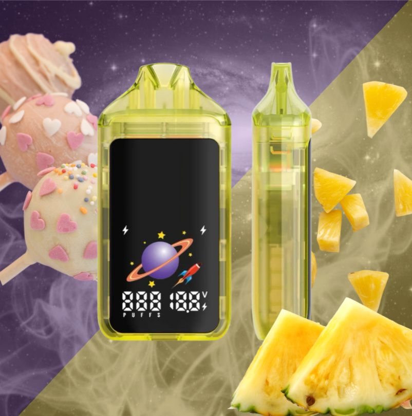 Yellow Pineapple Express vape device with digital display on a colorful background with pineapple slices and cake pops.
