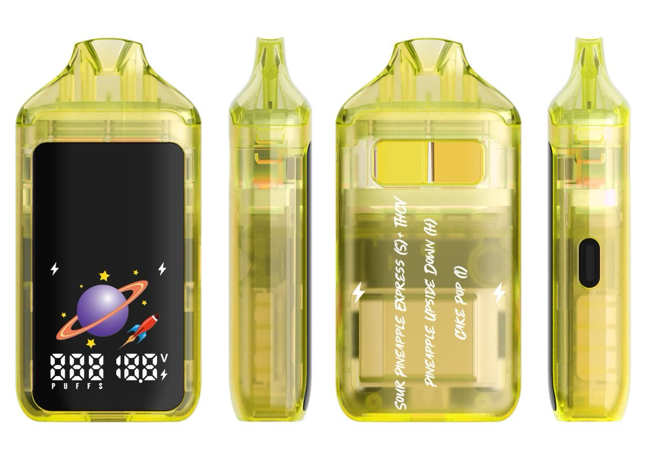 Pineapple Express Vaporizer & Cake Pop Vaporizer. Yellow vape device with digital display and branding on a white background