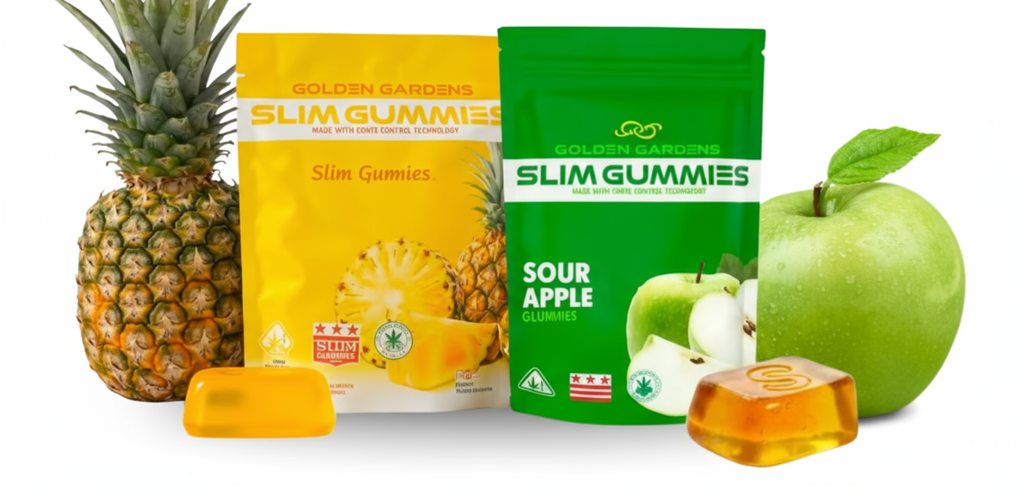 Slim gummies packaging with pineapple, Sour apple, and gummy on a white background