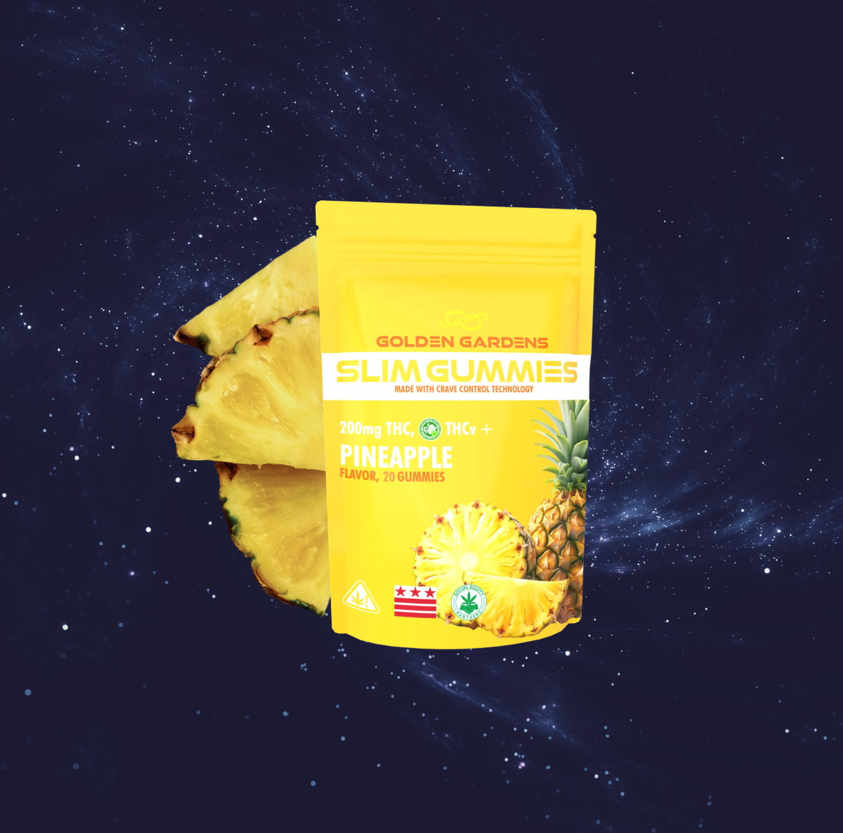 Pineapple package of Golden Gardens Slim Gummies with a pineapple slice on a galaxy space background