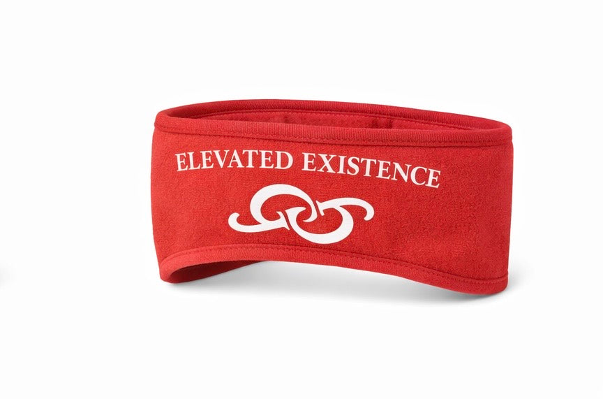 Red Ear-warmers 'Elevated Existence' on  white background