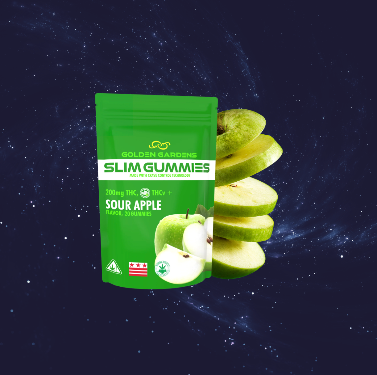 Green package of Golden Gardens Slim Gummies with sour apple flavor on a dark space-themed background.